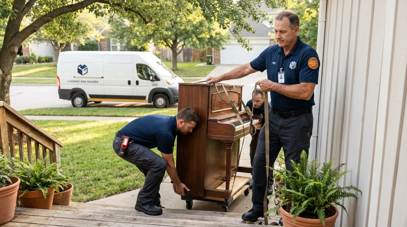 Licensed piano movers securing grand piano in Deposit, NY