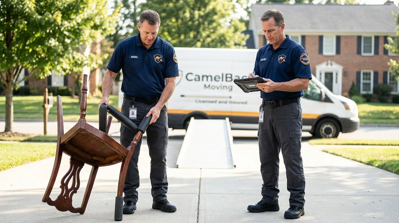 Movers inspecting furniture for damage prevention before loading in Deposit, NY