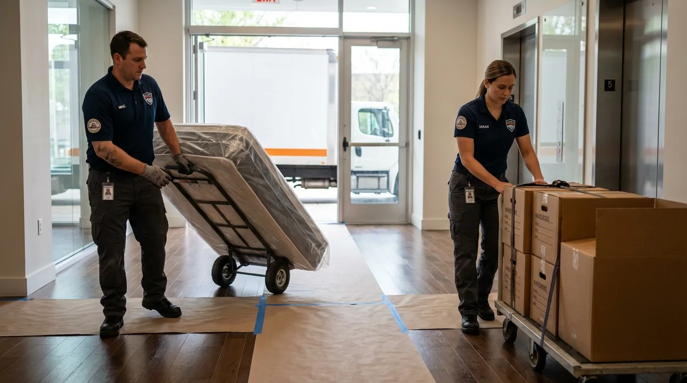 Professional apartment movers loading elevator in Deposit, NY