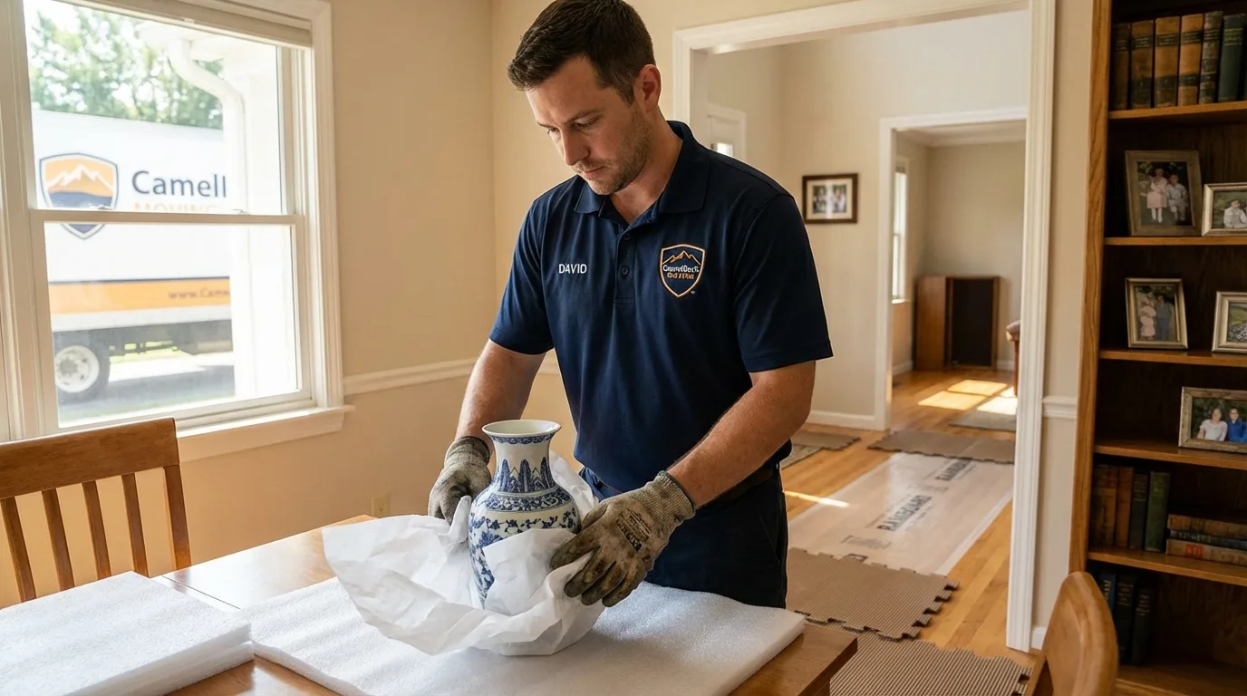 Professional crew carefully wrapping antique vase for senior downsizing move in Deposit, NY