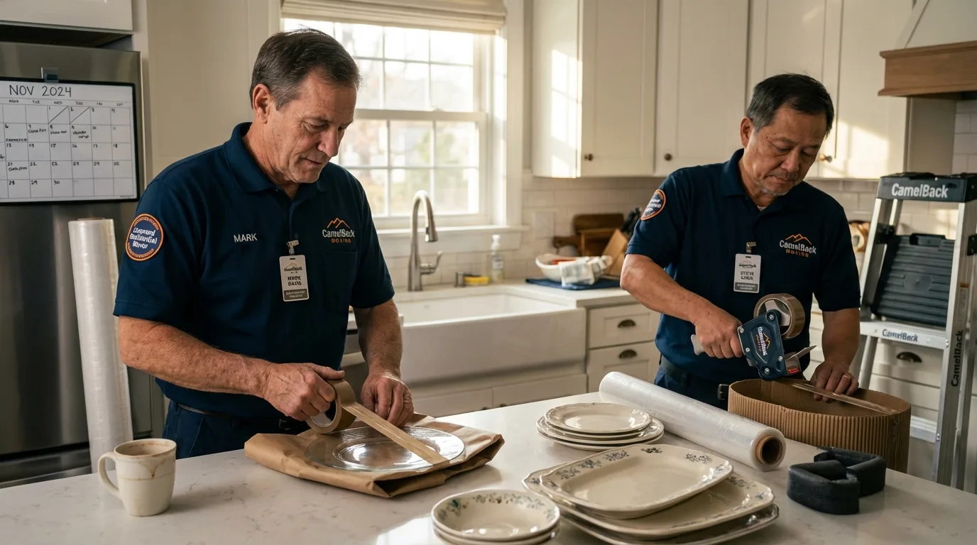 Professional crew packing kitchen dishware in Deposit, NY